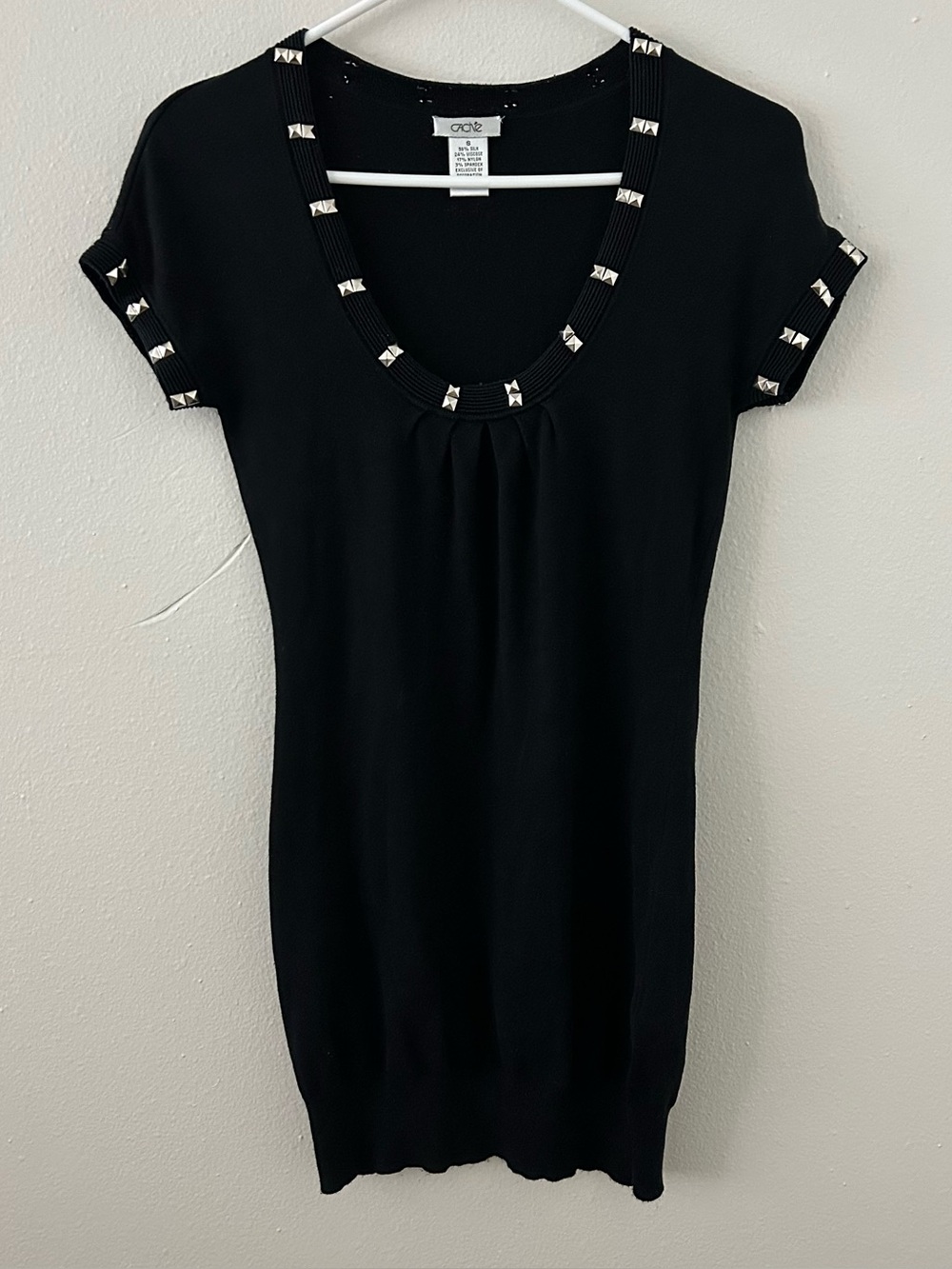 Vintage Cache Silk Blend Knit Black Mini Sweater Dress Womens S Studded Y2K Glam